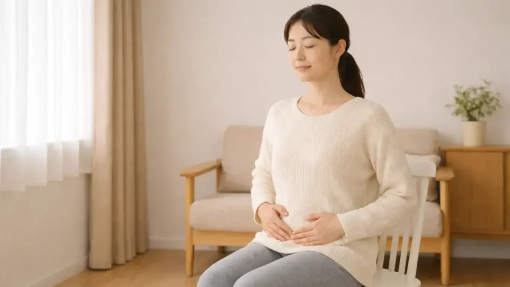 椅子に座って骨盤まわりを意識しながら呼吸している女性