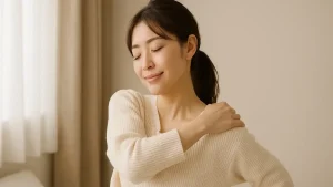 肩に手を添えてやさしくストレッチする女性