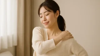 肩に手を添えてやさしくストレッチする女性