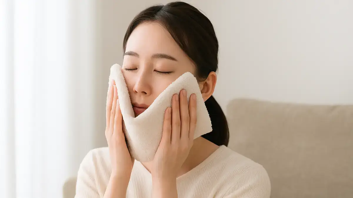 蒸しタオルを顔に当ててリラックスしている女性