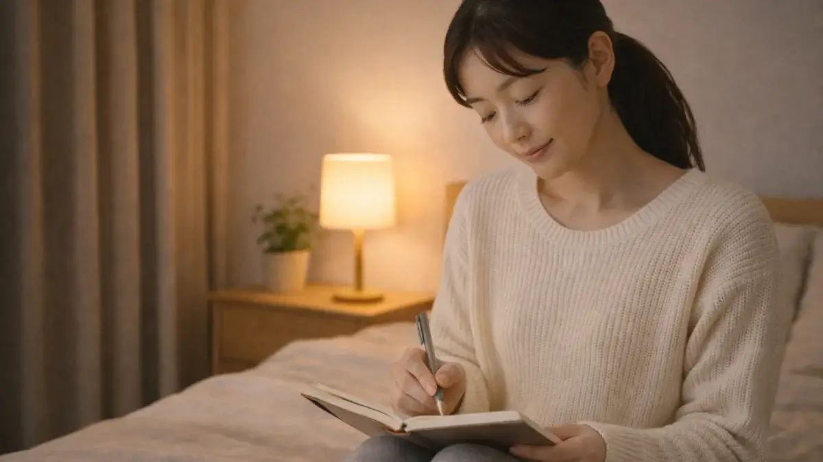 夜にノートへ気持ちを書き出している女性
