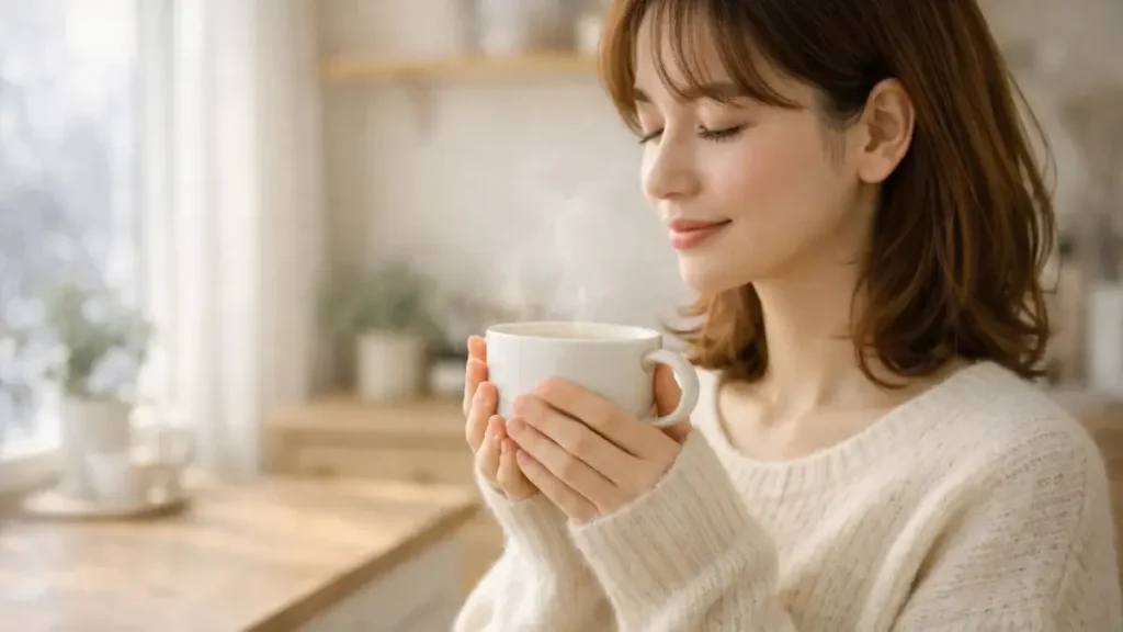 冬の朝に温かいスープカップを両手で包んでいる女性