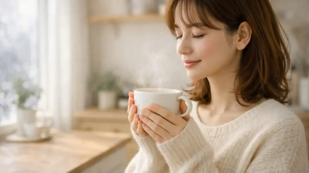 冬の朝に温かいスープカップを両手で包んでいる女性