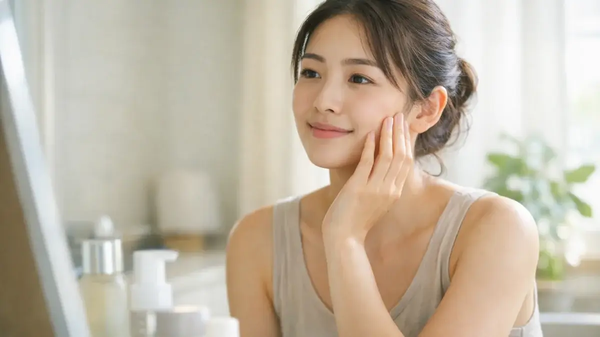 自然光の洗面所で頬に手を当てながら肌の調子を確かめている女性