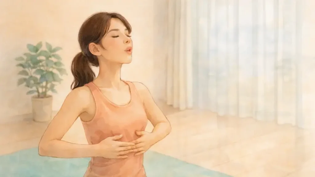 エクササイズ中に呼吸を意識して体を動かしている女性