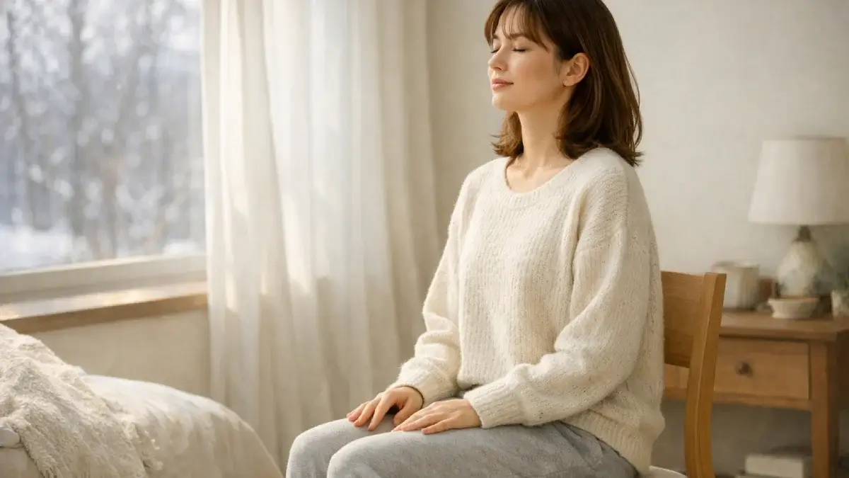 冬の朝の部屋で椅子に座り静かに呼吸している女性