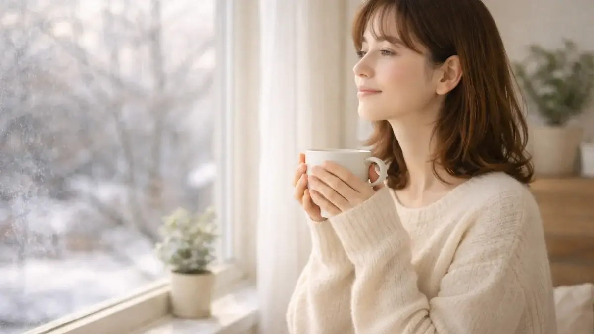冬の朝に窓辺で温かい飲みものを手に静かに過ごしている女性
