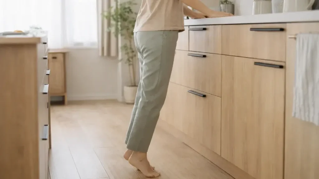 キッチンで立ったままかかとを上げ下げしている女性