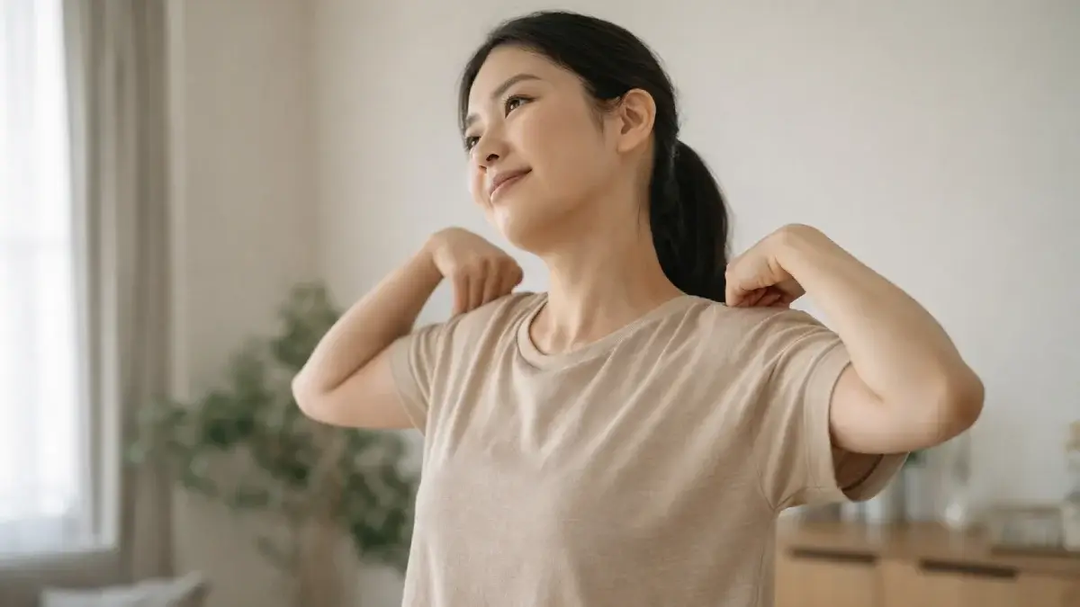 室内で肩を軽く動かして体をリセットしている女性
