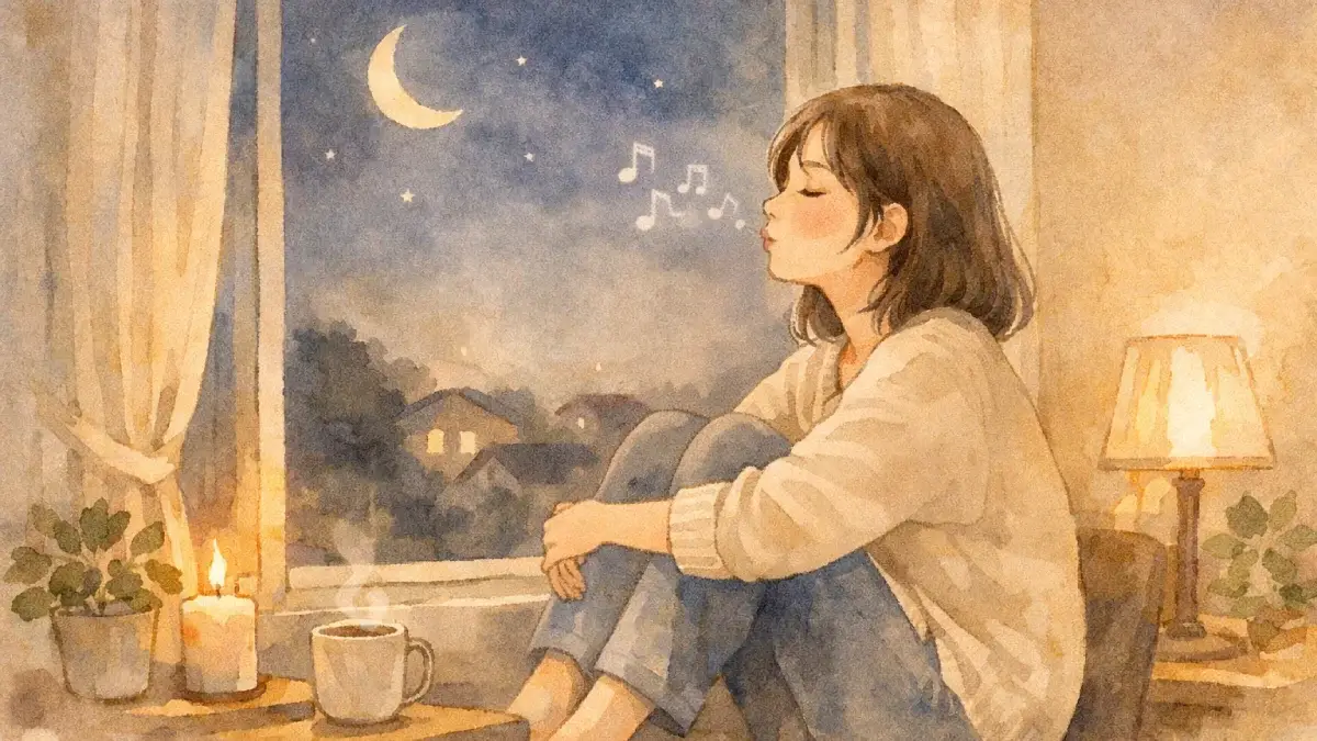 夜の部屋で口笛を吹きながら呼吸を感じている女性