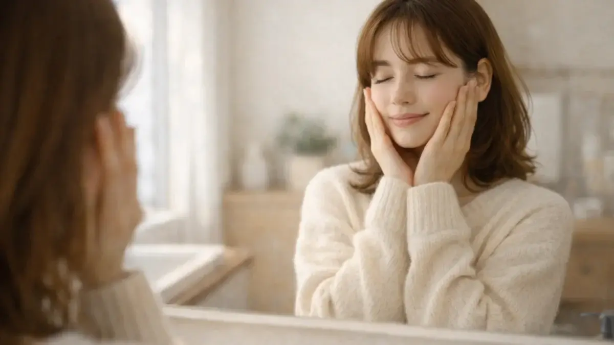 冬の朝に洗面スペースで頬に手を当てている女性