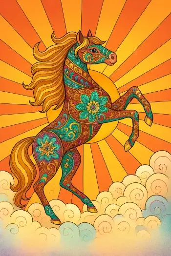 飛躍　日の出と馬