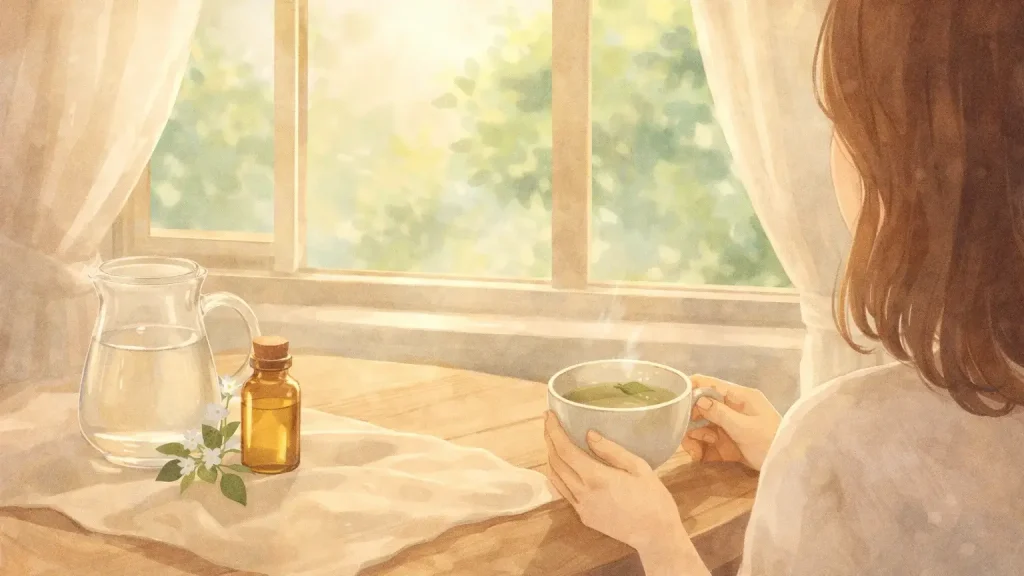 日のあたる窓際でアーユルヴェーダを実践している女性