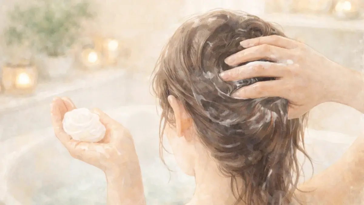 お風呂でクリームシャンプーをなじませてマッサージしている女性