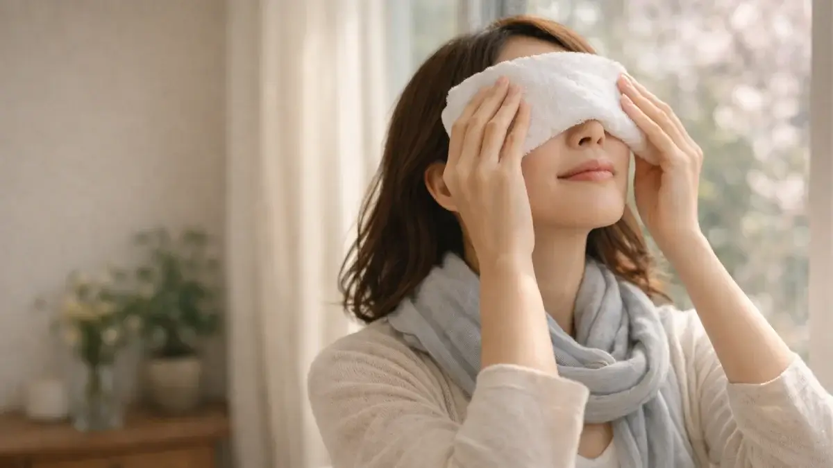 春の光が差し込む室内で蒸しタオルを目元にあててリラックスしている女性