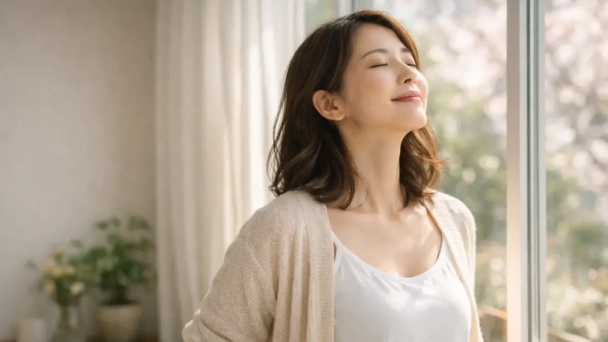 窓辺でやわらかい春の光を浴びながら深呼吸している女性