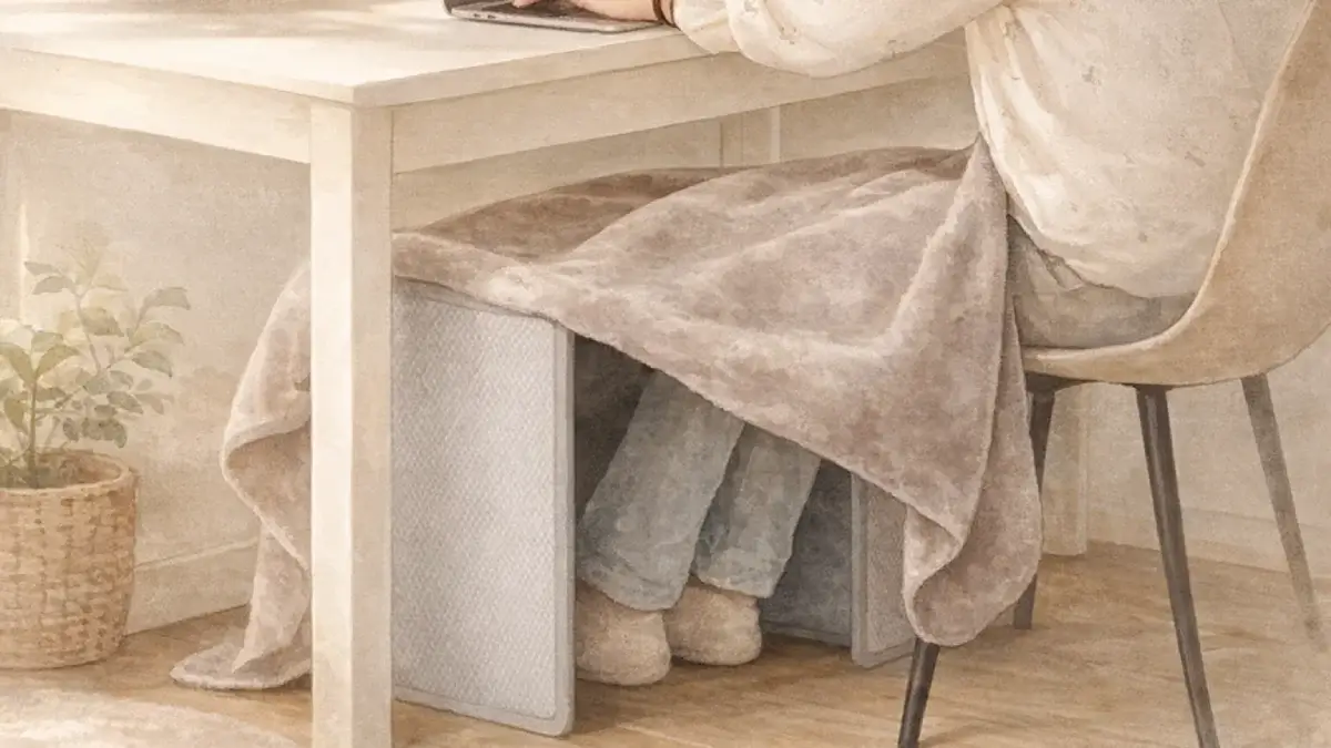 在宅ワーク中、デスク下でパネルヒーターとブランケットを使って足元を暖めている様子