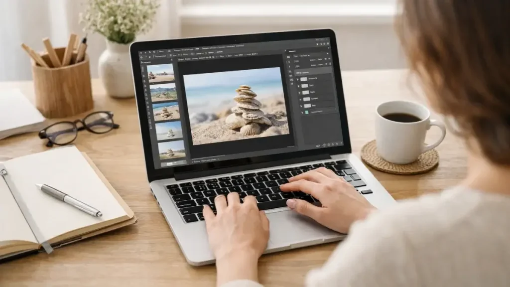 ノートパソコンで写真整理をしている女性のデスク風景