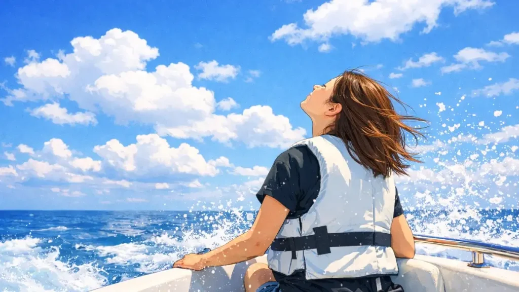 真っ青な空の下でボートに乗り水しぶきを浴びながら空を見上げている女性