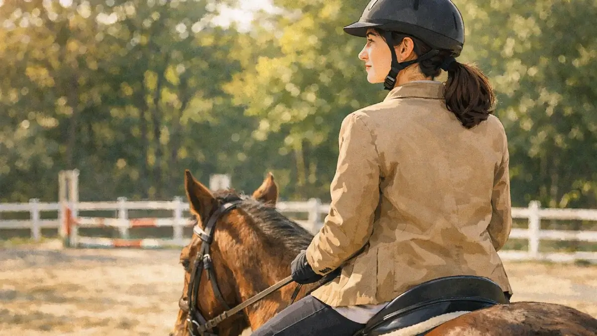 穏やかな乗馬場で馬にまたがり前を見つめている女性
