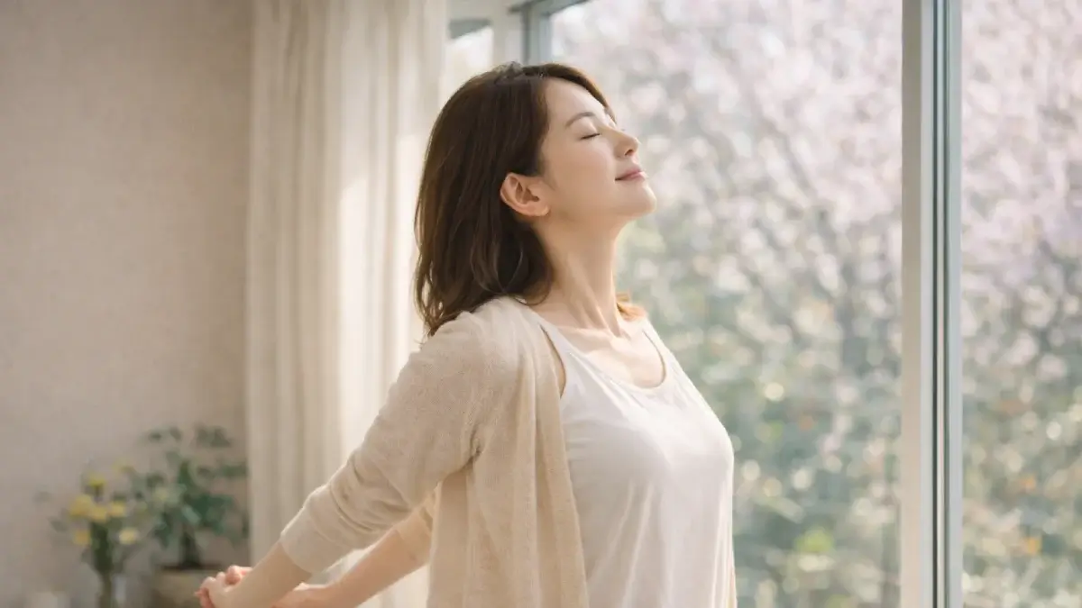 両手を後ろで軽く組み、 胸を少しひらいたストレッチをしている女性