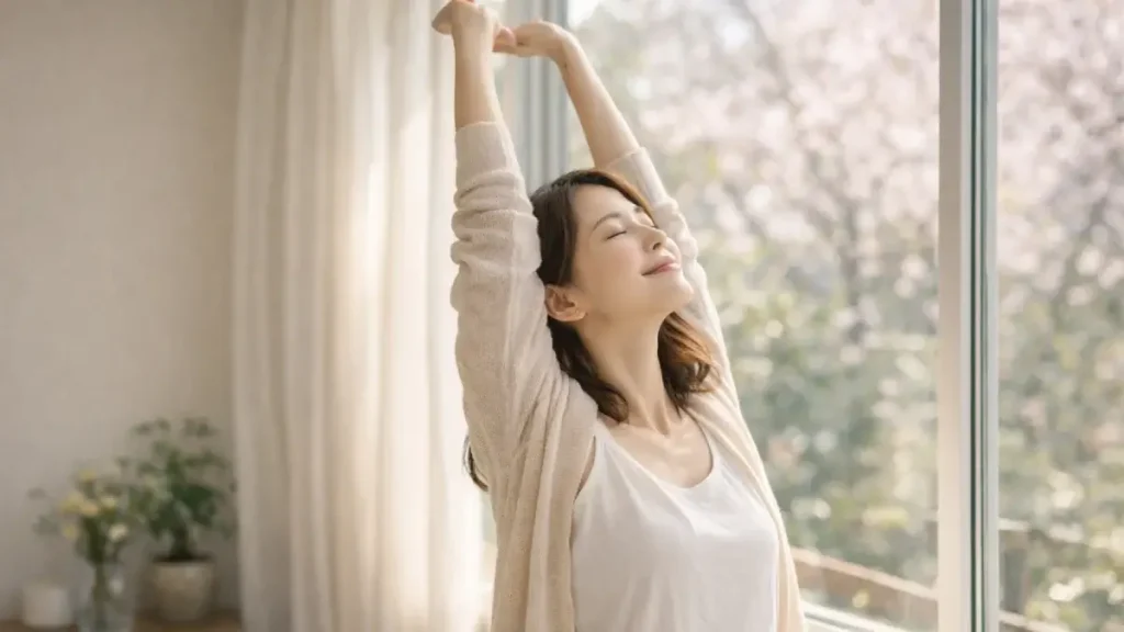朝の光が差し込む窓辺で背伸びをしている女性