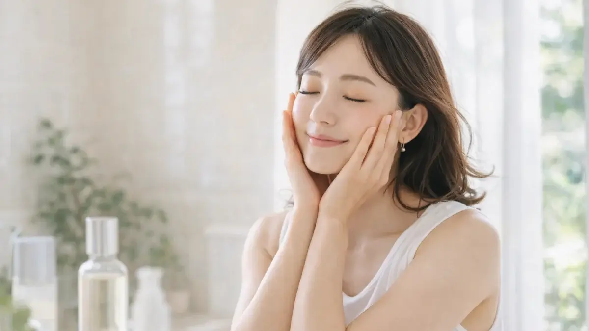 自然光の中でやさしく肌に触れてスキンケアをしている女性