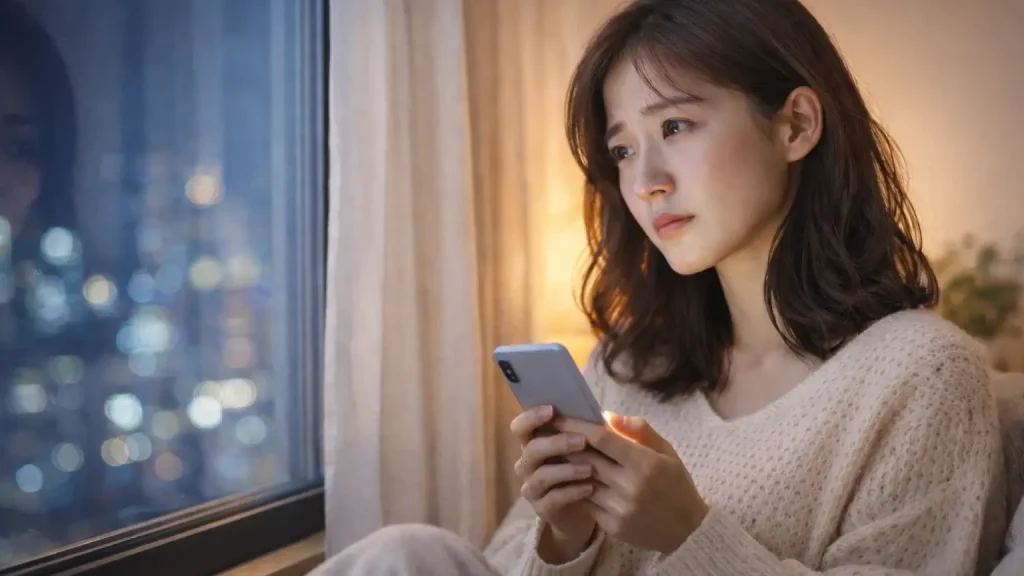 夜の部屋で不安そうにスマホを持ちながら考えごとをしている女性
