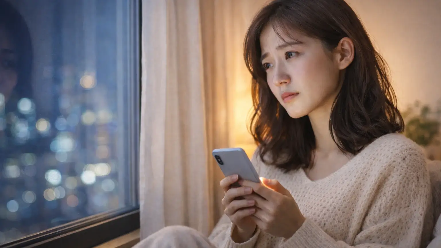 夜の部屋で不安そうにスマホを持ちながら考えごとをしている女性