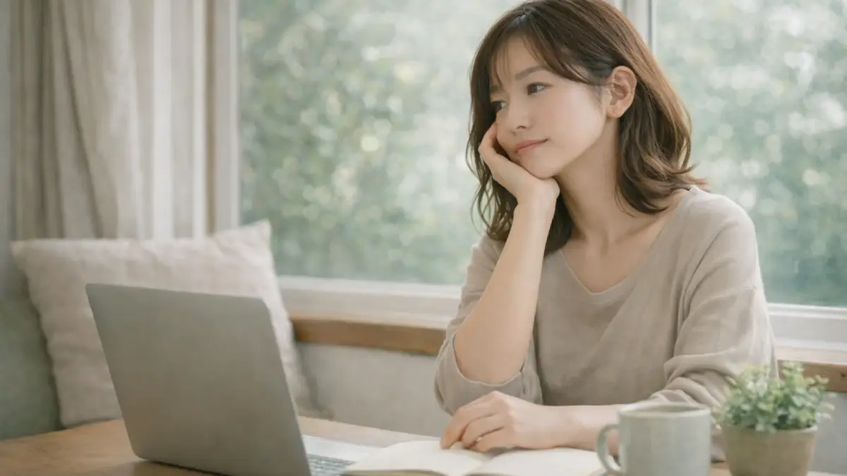 パソコンに向かいながら集中できず遠くを見つめる女性