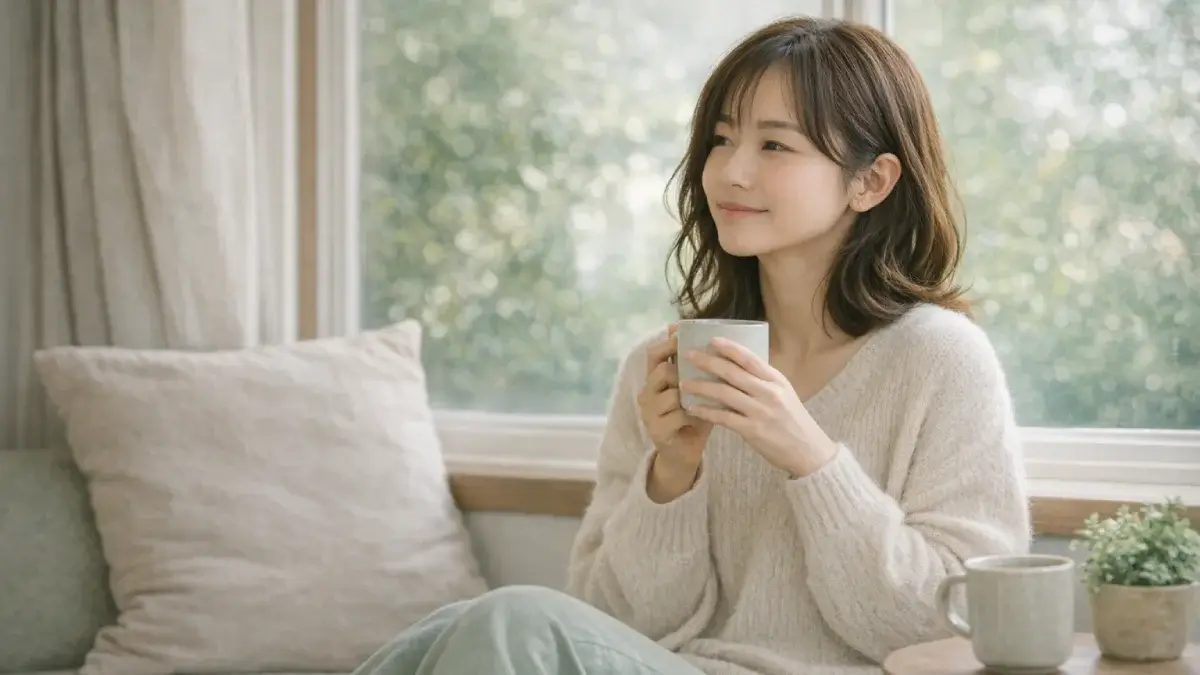 窓際でドリンクを飲みながら静かに過ごしている女性