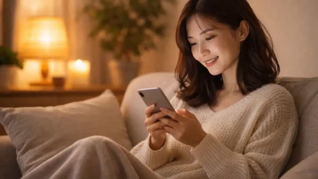 リビングでリラックスしながらスマホを見ている女性
