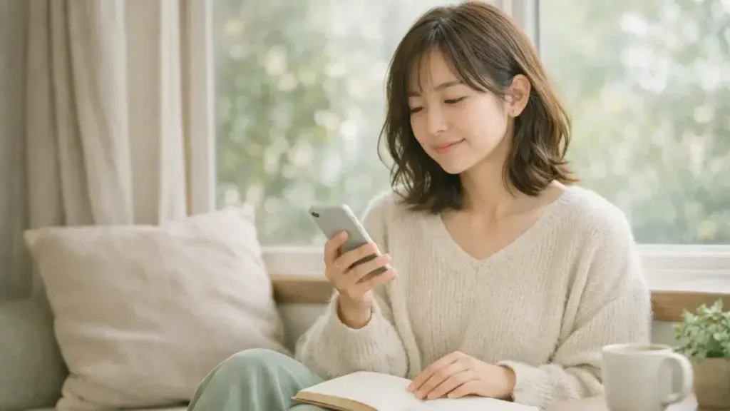 スマホを見ながら気持ちを整えている女性