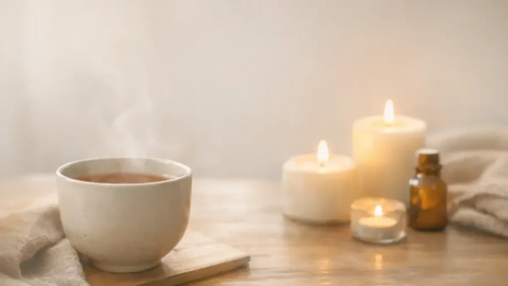 ろうそくの優しい光とコーヒーがのったデスク