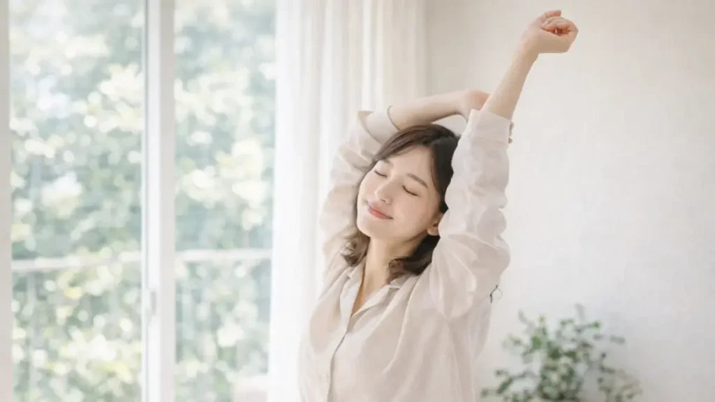 朝の光の中で軽く伸びをしてからだを起こしている女性