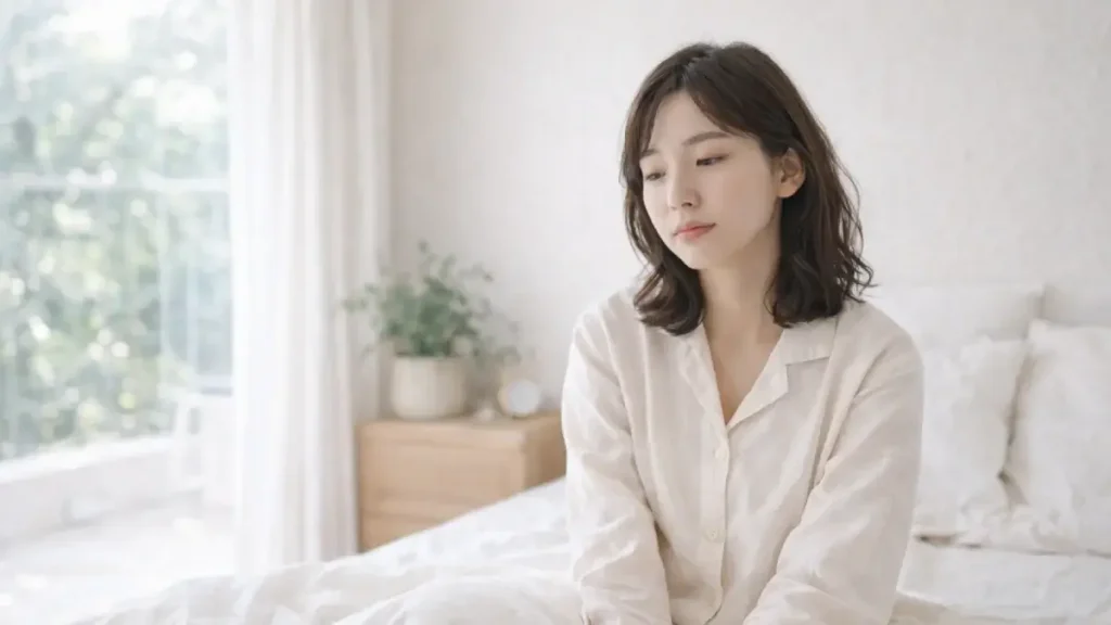 朝のベッドで少し疲れた様子で座っている女性