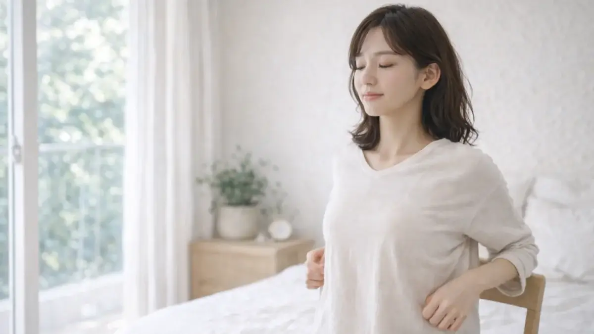 椅子に座り姿勢を整えようとしている女性