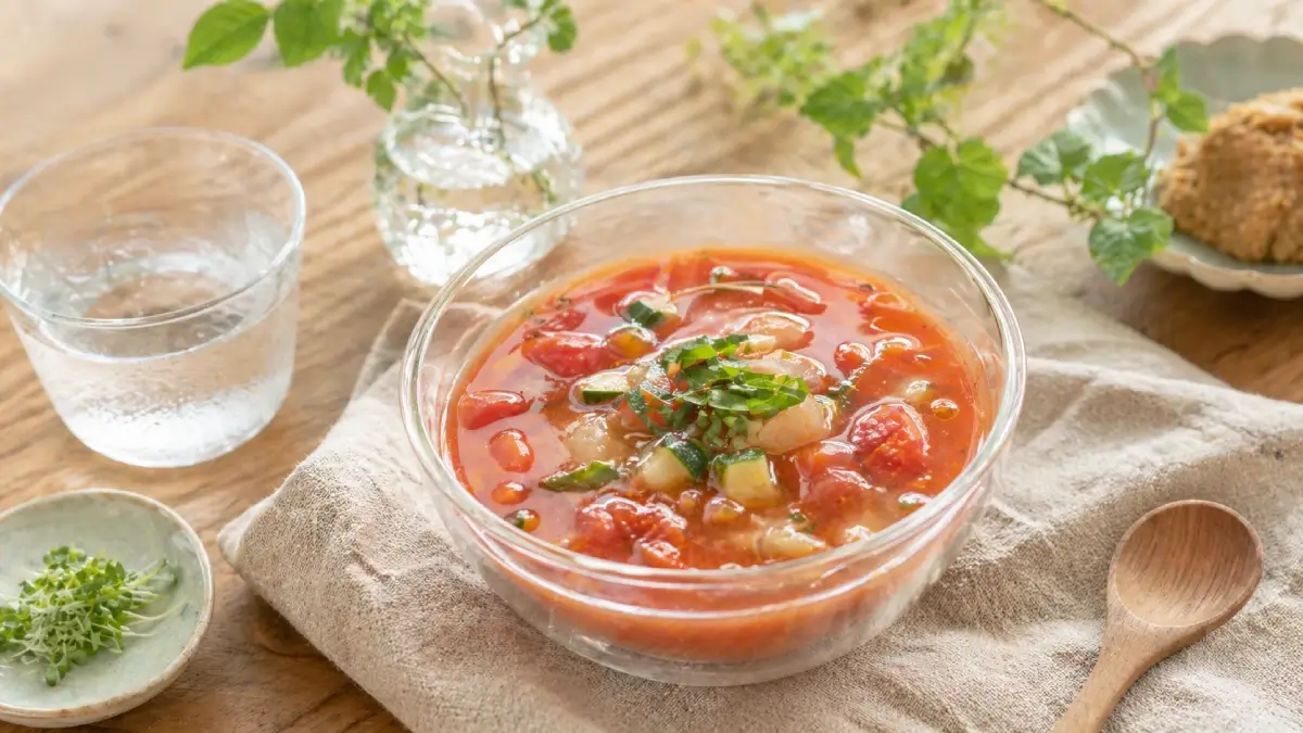 ガラスの器に入ったトマトベースの発酵スープを自然光の中で撮影した夏らしい食卓