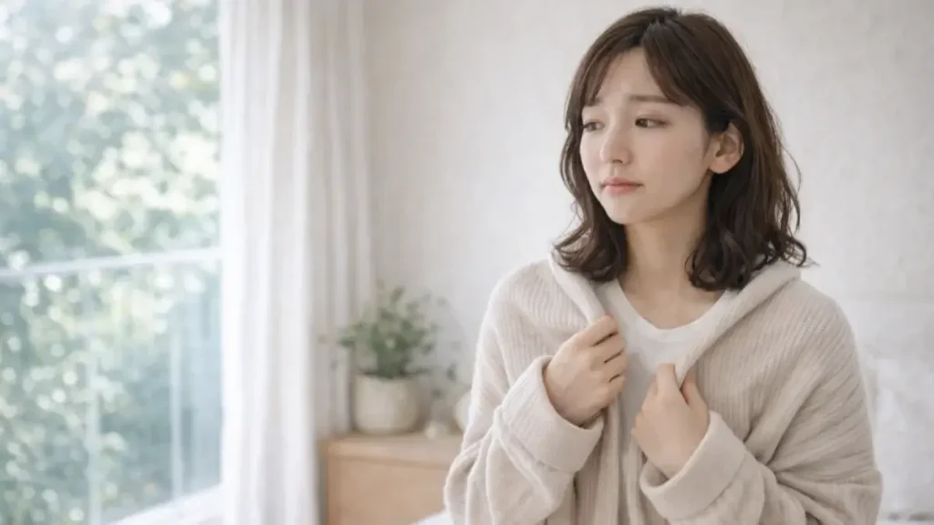 室内で羽織りものを持ちながら気温の変化に戸惑っている女性