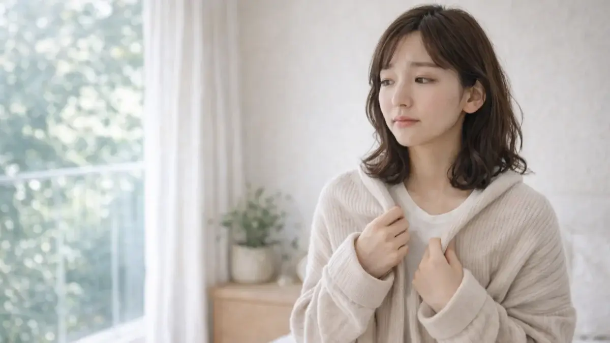 室内で羽織りものを持ちながら気温の変化に戸惑っている女性