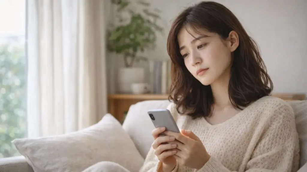 部屋でやる気が出ずにスマホを見ながらぼんやりしている女性