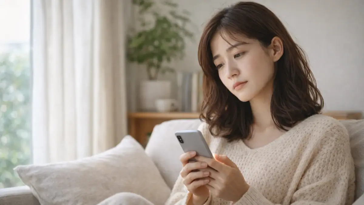 部屋でやる気が出ずにスマホを見ながらぼんやりしている女性