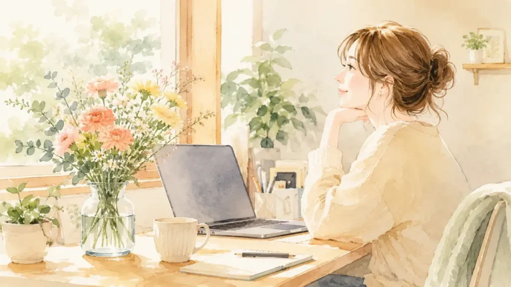 PCデスクに飾った花を見ながらほっとしている女性