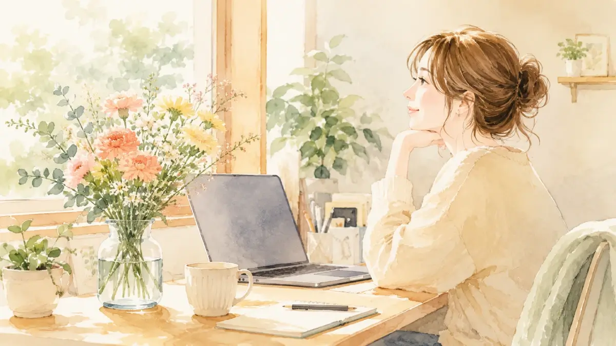 PCデスクに飾った花を見ながらほっとしている女性