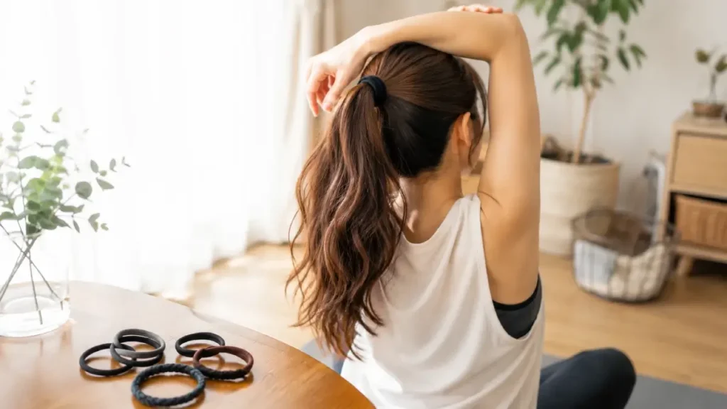 髪をまとめてストレッチをしているロングヘアの女性