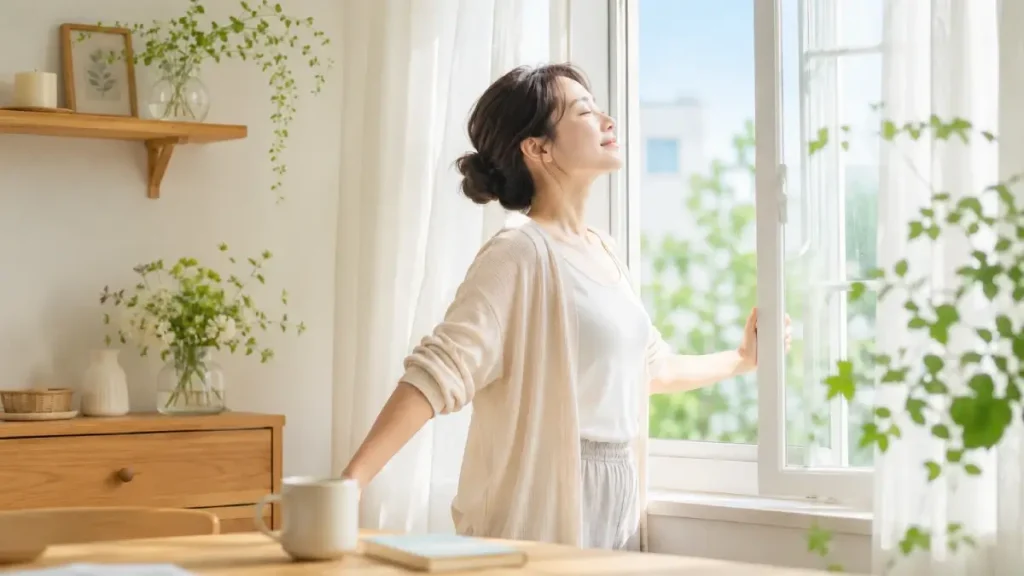 朝の光が入る部屋で窓を開けながら深呼吸している女性