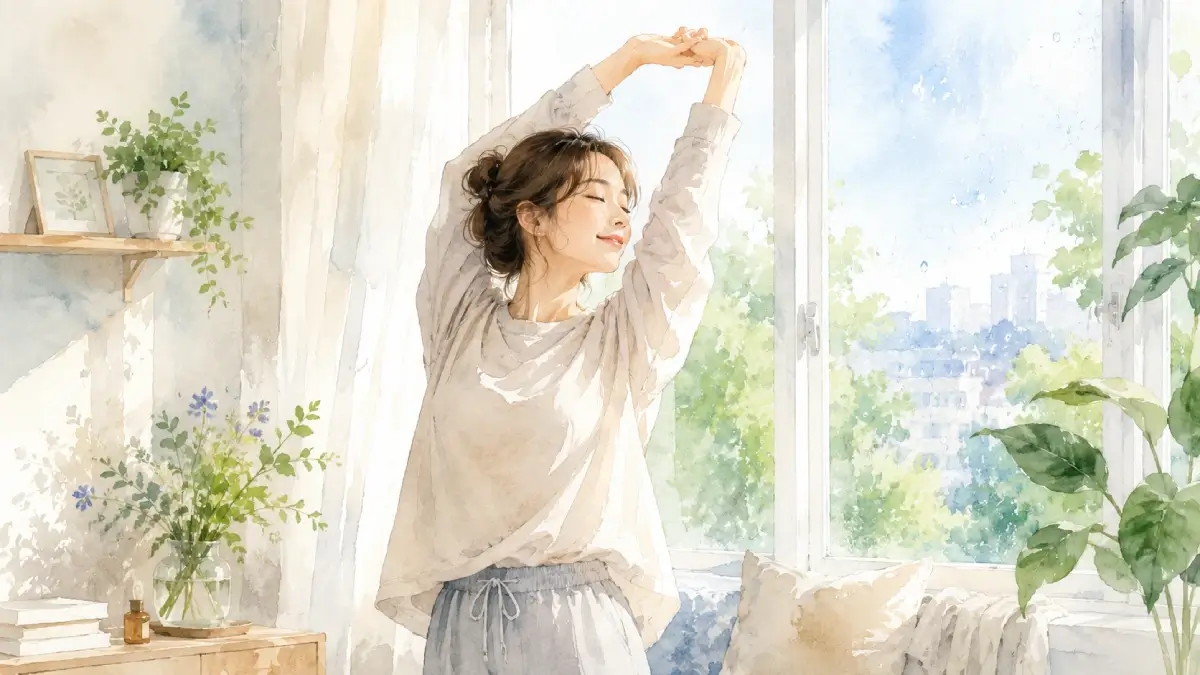 朝の部屋で背伸びストレッチをしている女性