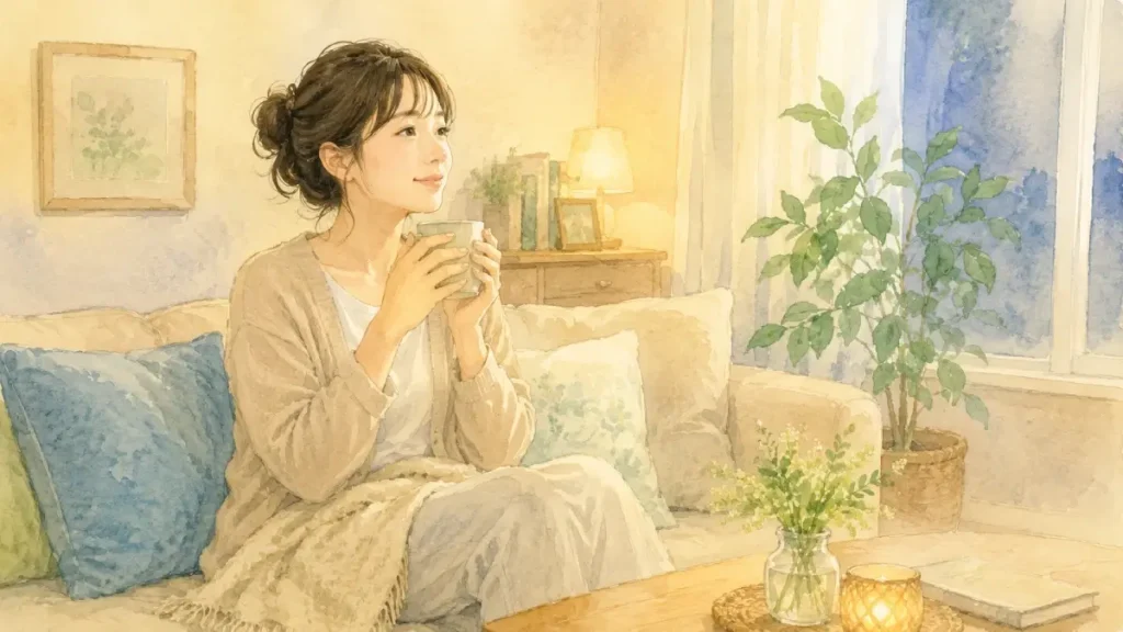 温かい飲み物を飲みながら部屋でくつろぐ女性