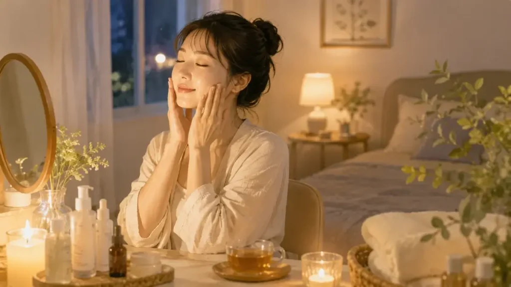 夜の部屋でスキンケアをしながらリラックスしている女性