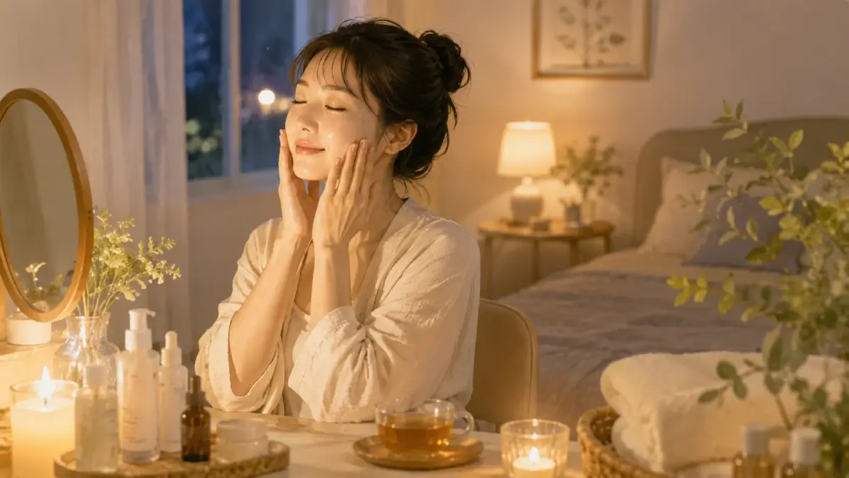 夜の部屋でスキンケアをしながらリラックスしている女性